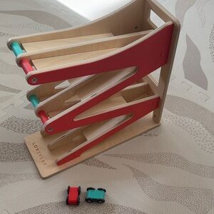 Lovevery Wooden Car Ramp Racer Toy - Red and Blue